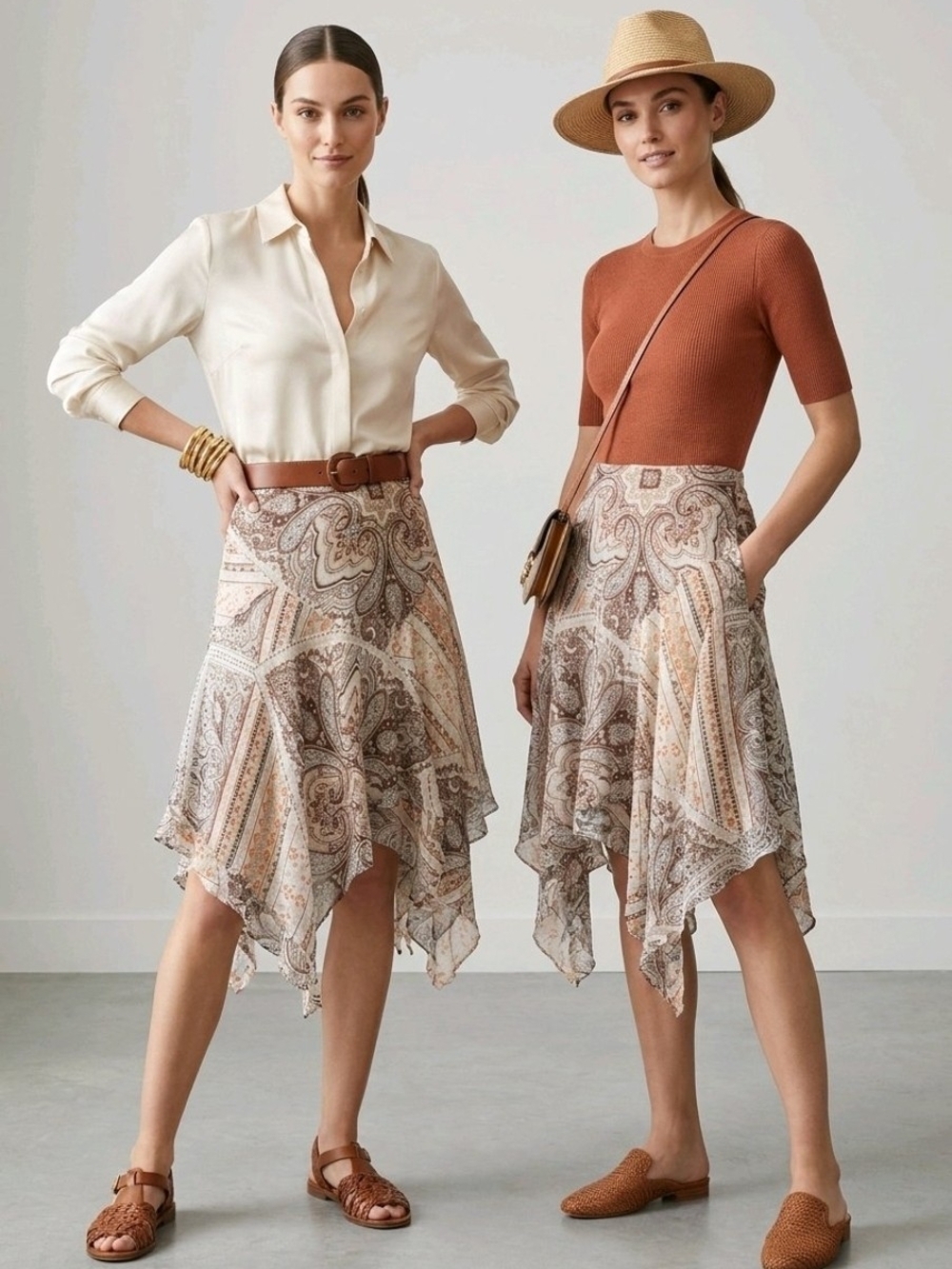 Lefton Paisley Asymmetrical Handkerchief Hem Skirt in Brown and Cream